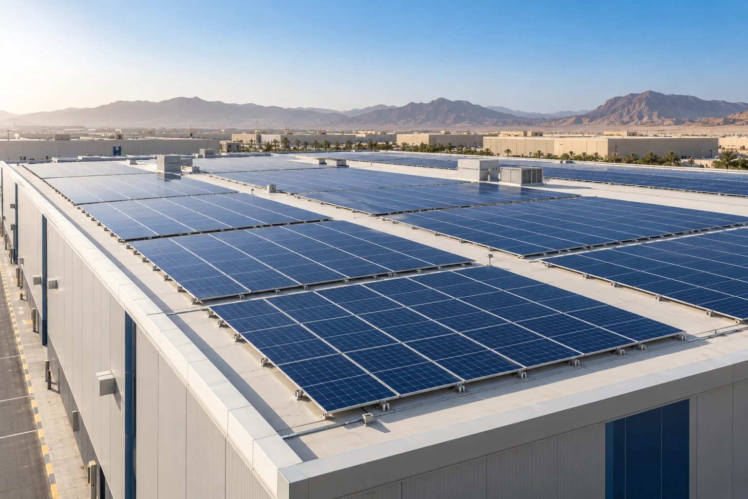 Solar panels on an industrial rooftop | ألواح شمسية على سطح منشأة