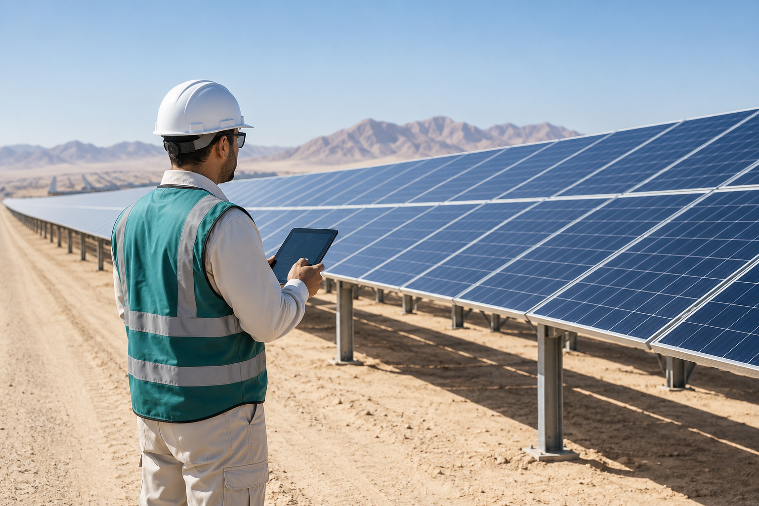 Field engineer assessing a solar PV installation in a Saudi desert setting